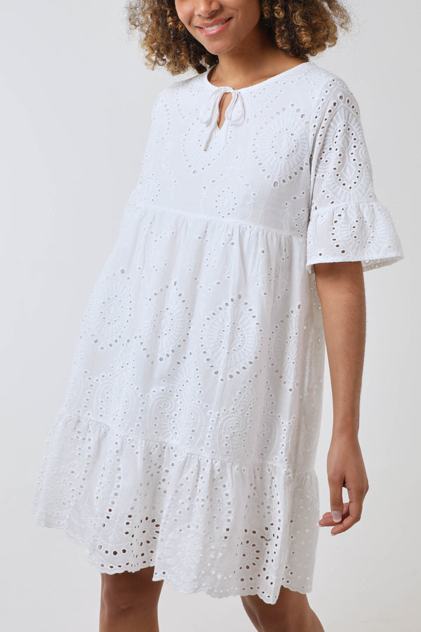 Qed London Broderie Tiered Tie Detail Dress