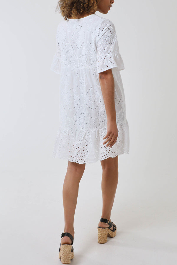 Qed London Broderie Tiered Tie Detail Dress