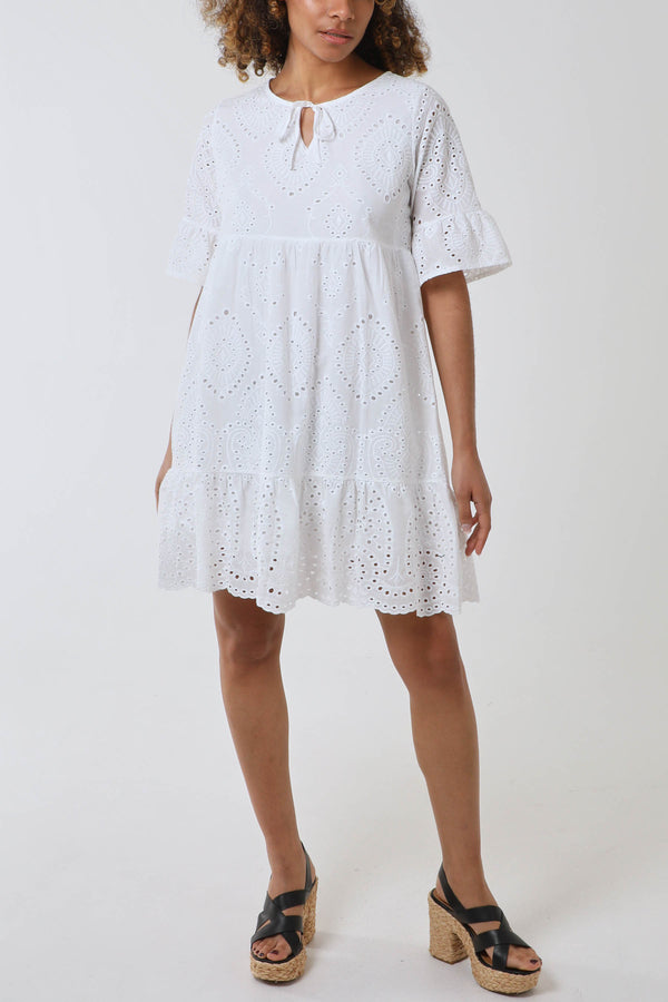 qed london Broderie Tiered Tie Detail Dress