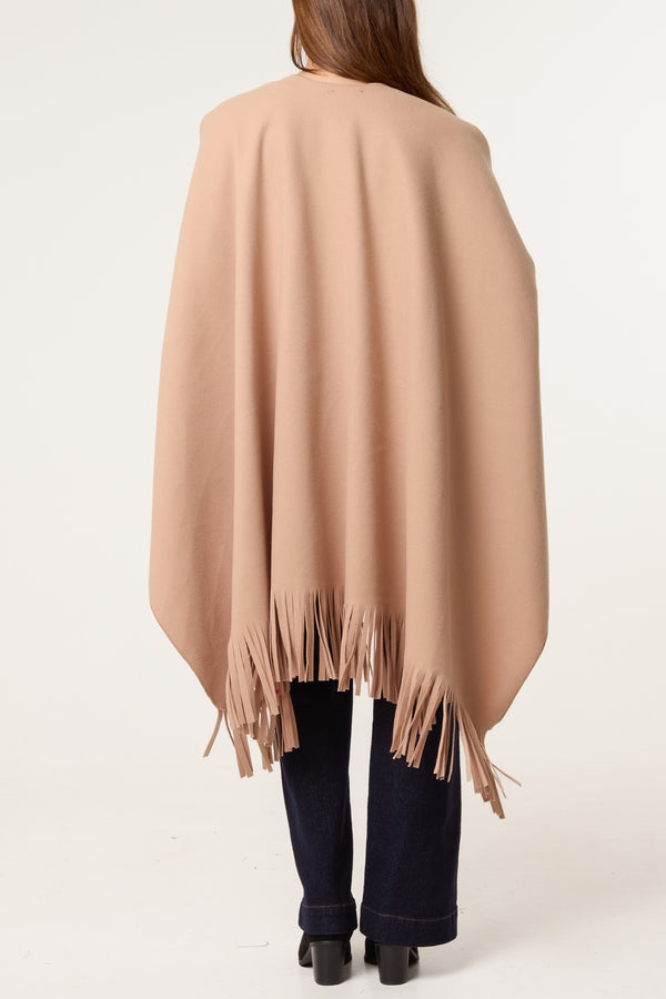 Qed London Brooch Fringe Hem Cape