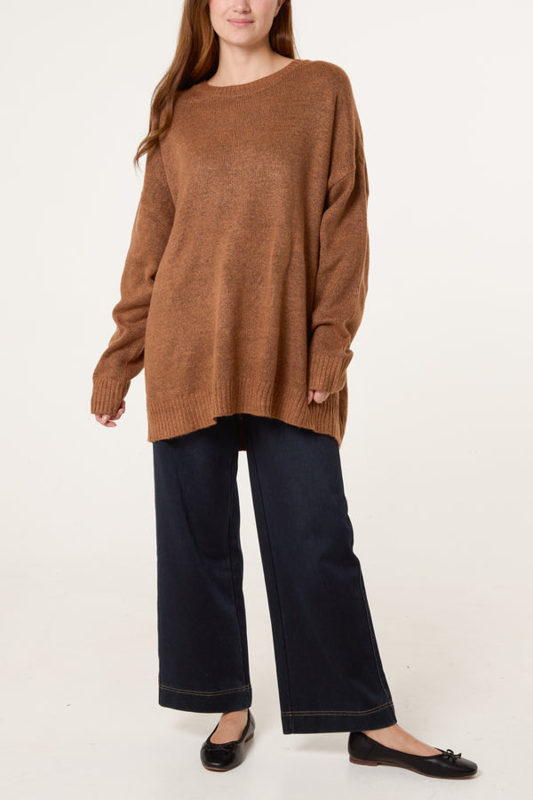 Qed London Brown Ribbed Edge Round Neck Jumper