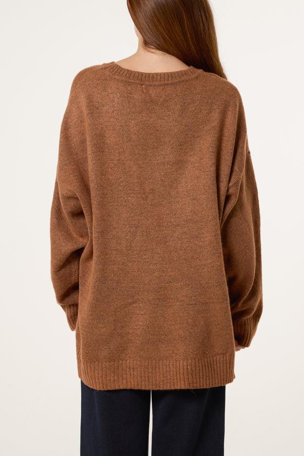Qed London Brown Ribbed Edge Round Neck Jumper