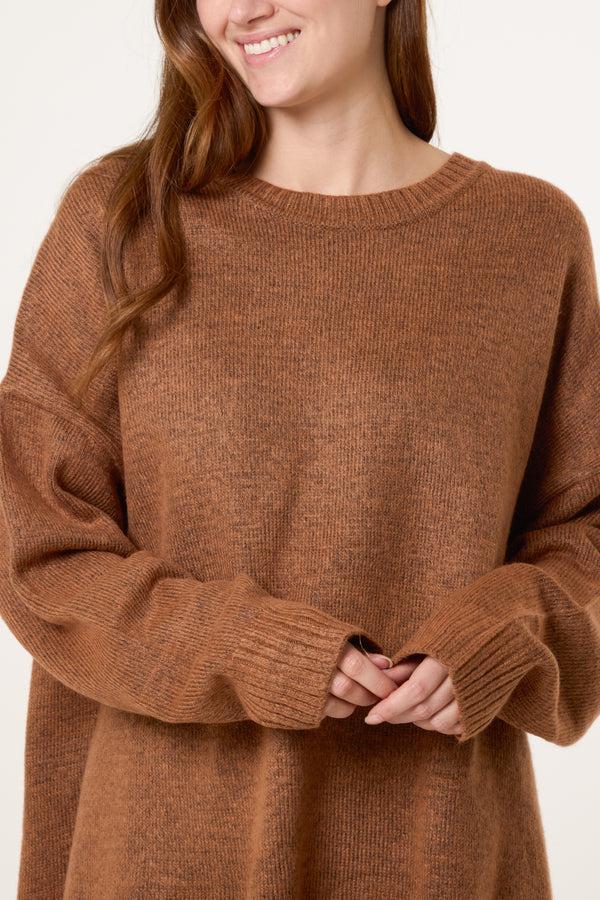 Qed London Brown Ribbed Edge Round Neck Jumper