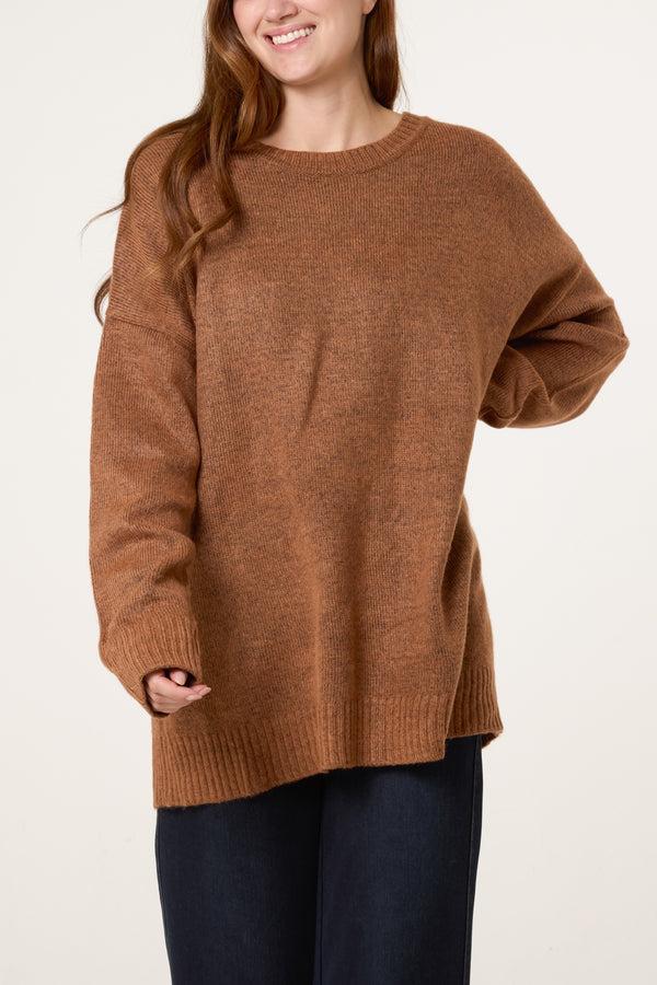 qed london Brown Ribbed Edge Round Neck Jumper