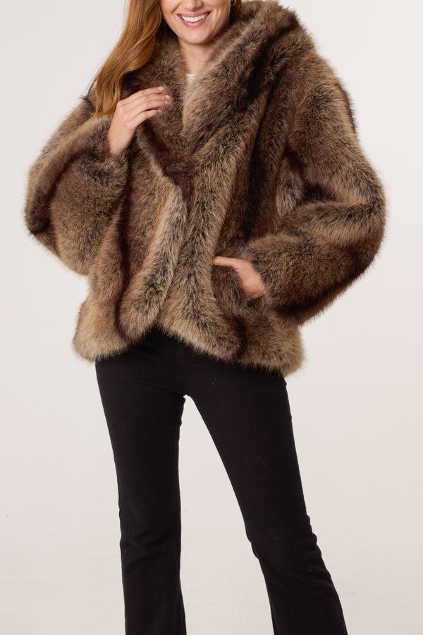 qed london Brown Two Tone Fur Coat
