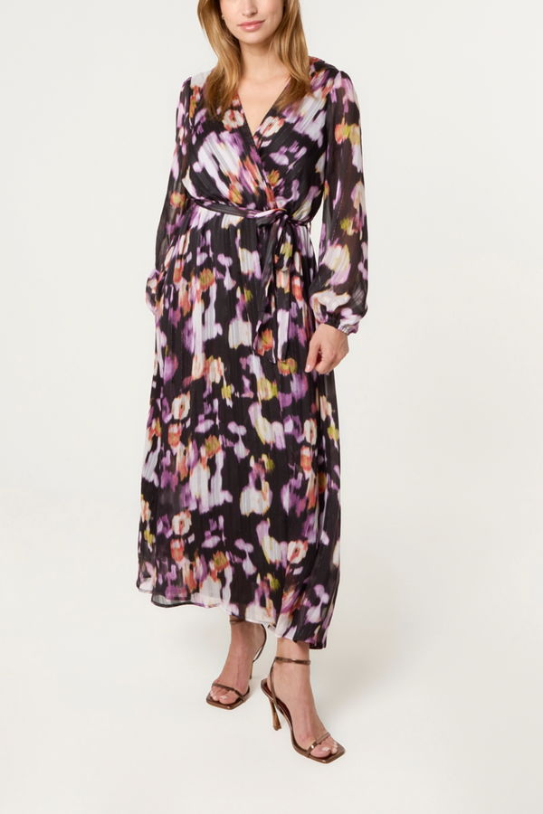 qed london Burnt Print Sparkle Chiffon Wrap Dress