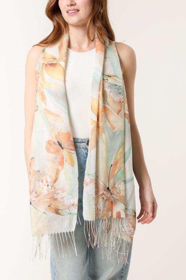 Qed London Butterfly Print & Tassel Scarf
