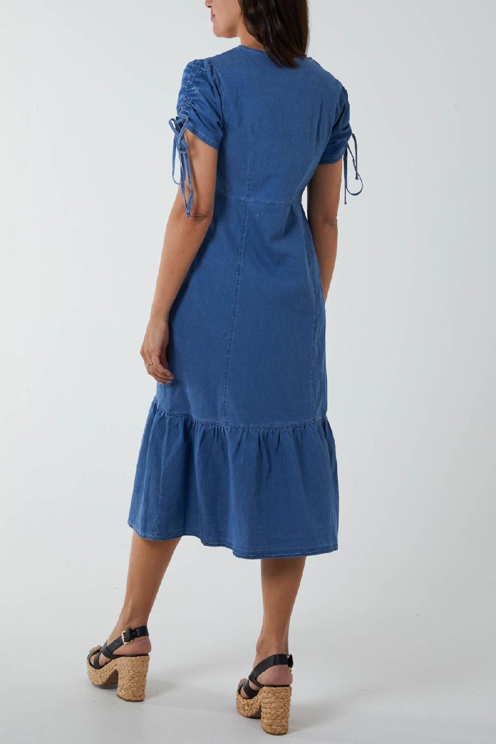 Qed London Button Down Drop Hem Denim Midi Dress