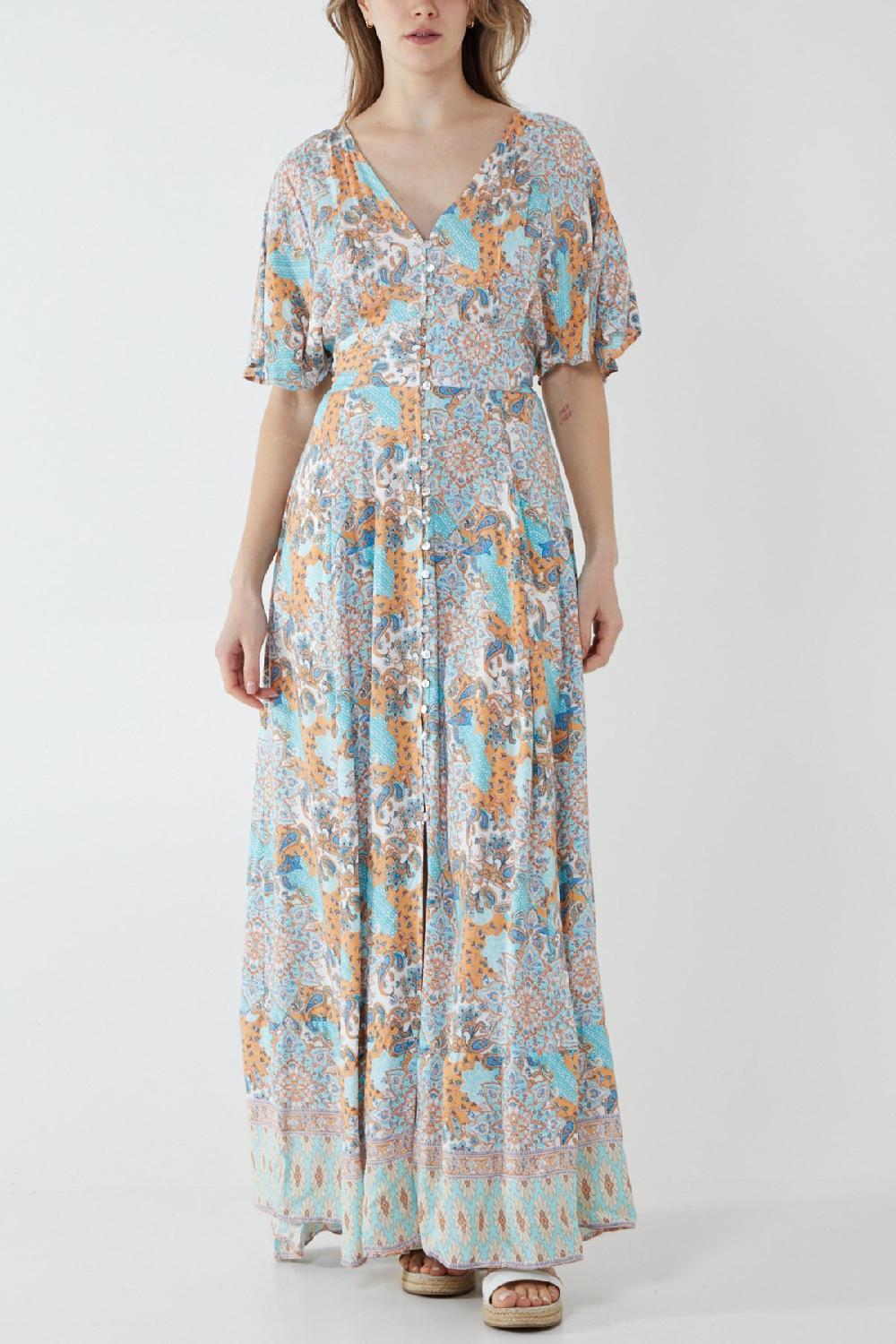 Qed London Button Front Angel Sleeve Maxi Dress