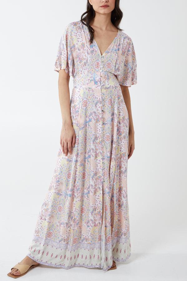 qed london Button Front Angel Sleeve Maxi Dress
