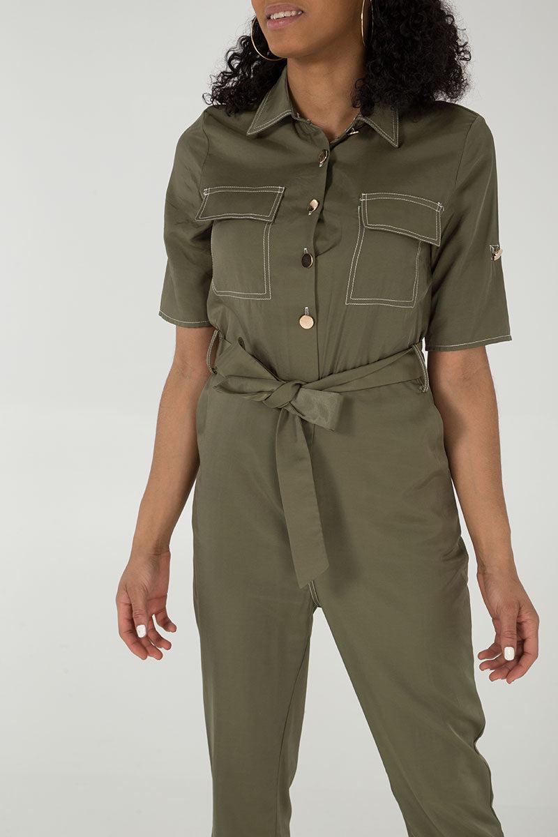 Qed London Button Front Belted Jumpsuit