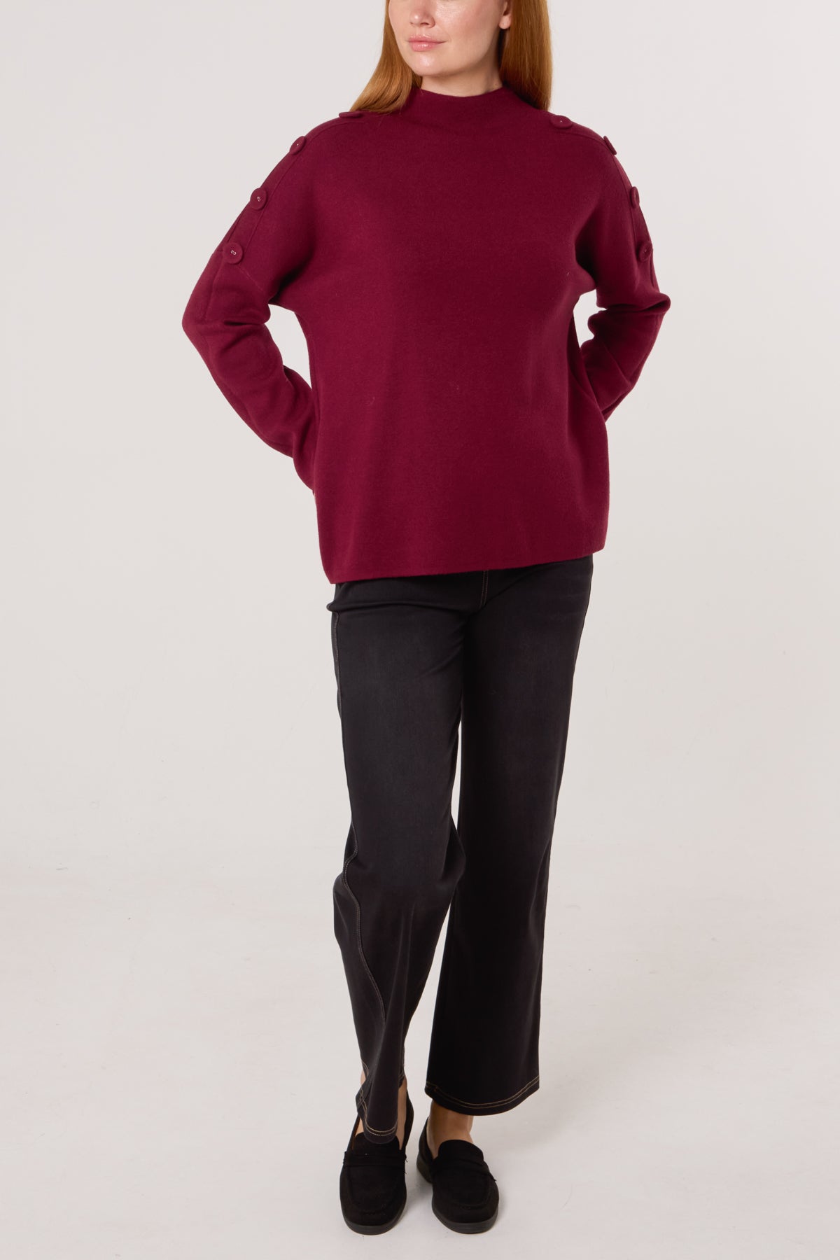 Qed London Button Shoulder High Neck Jumper