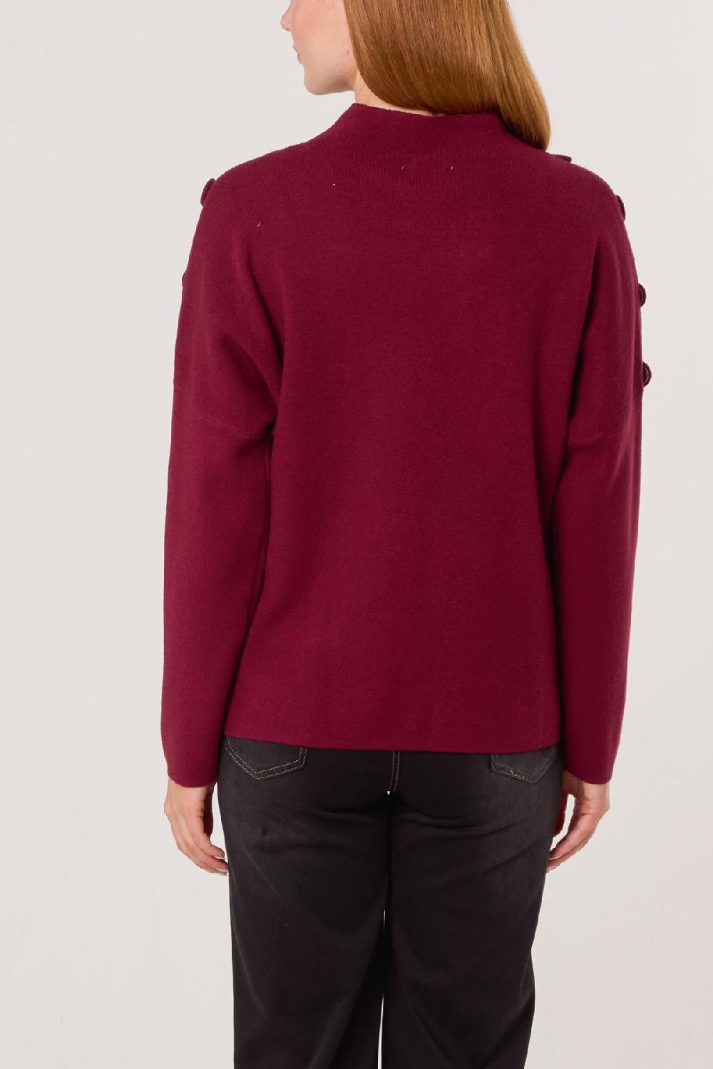 Qed London Button Shoulder High Neck Jumper
