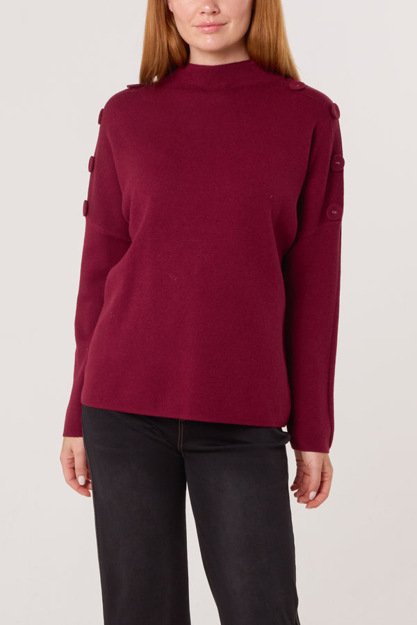 Qed London Button Shoulder High Neck Jumper