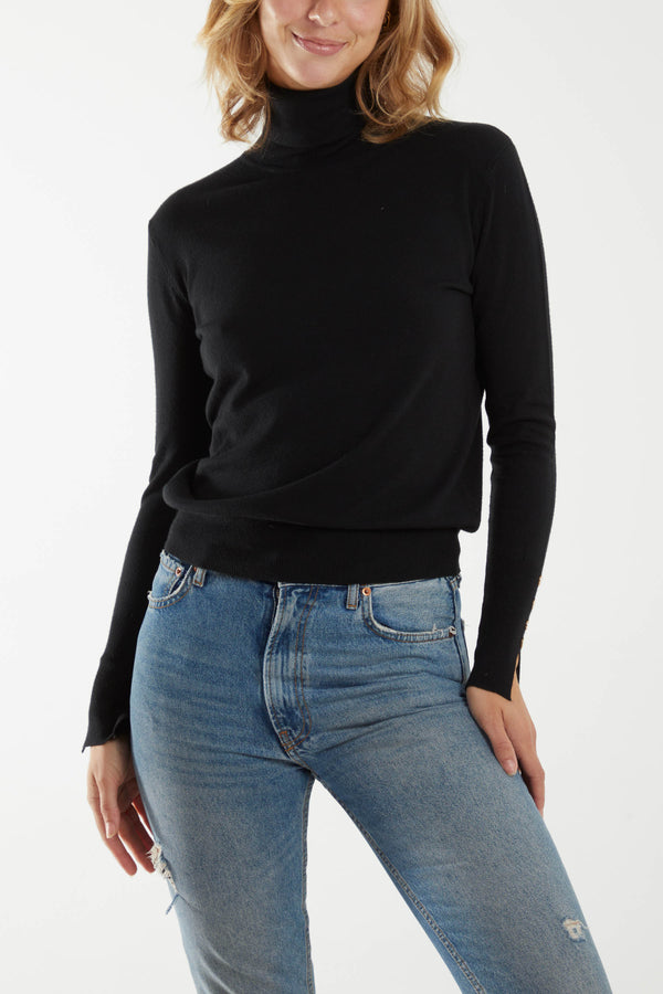 qed london Button Sleeve Roll Neck Jumper