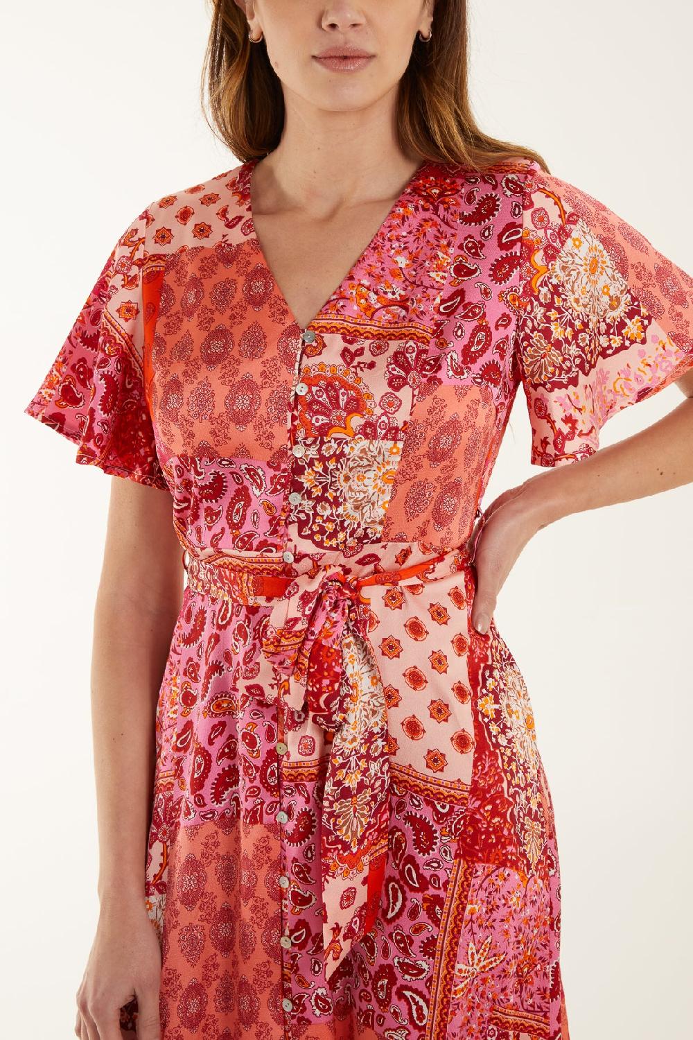 Qed London Button Through Patchwork Midi Dress