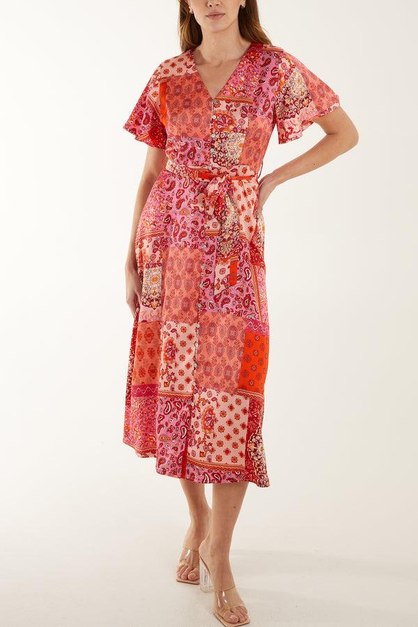 Qed London Button Through Patchwork Midi Dress