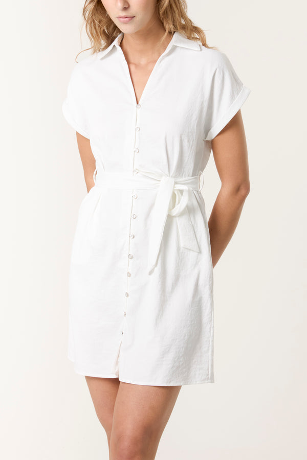 Qed London Cap Sleeve Belted Shirt Mini Dress