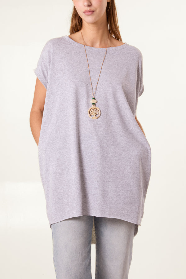Qed London Cap Sleeve High Low Necklace Top