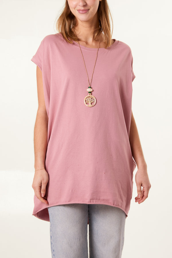 Qed London Cap Sleeve High Low Necklace Top