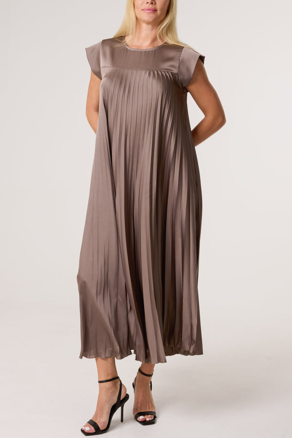 Qed London Cap Sleeve Satin Pleated Midi Dress