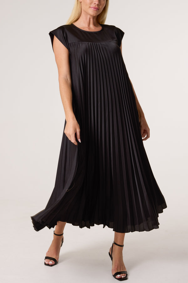 qed london Cap Sleeve Satin Pleated Midi Dress