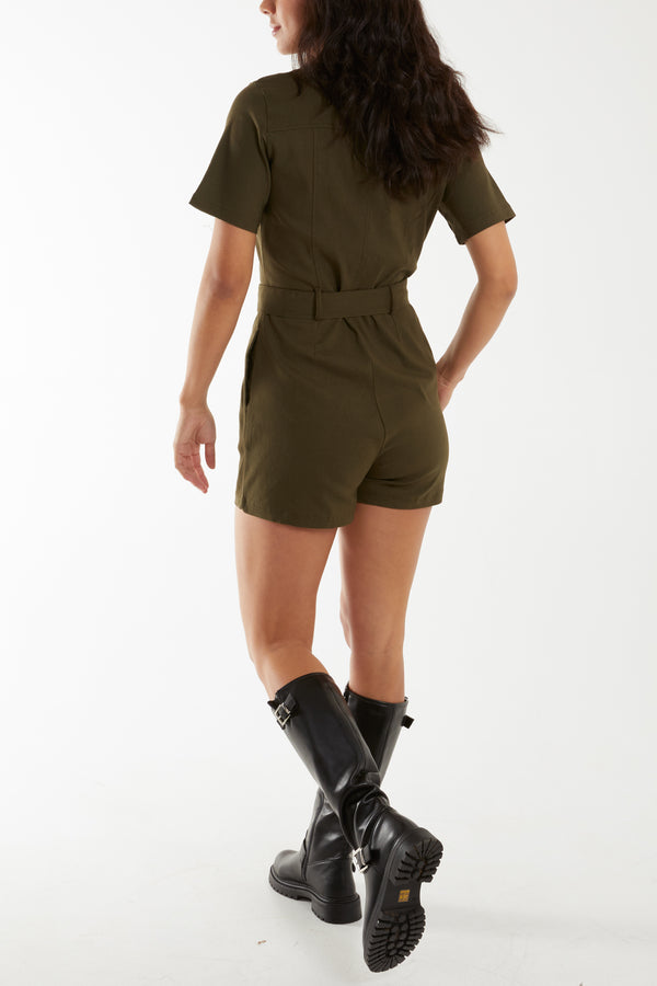 Qed London Cargo Pocket Belted Playsuit