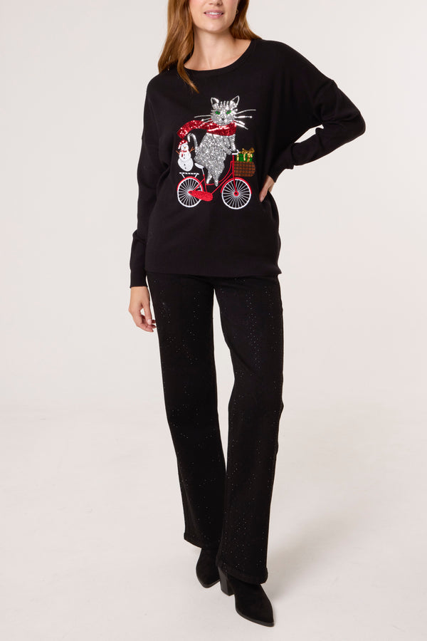 Qed London Cat On A Bike Sequin Festive Jumper