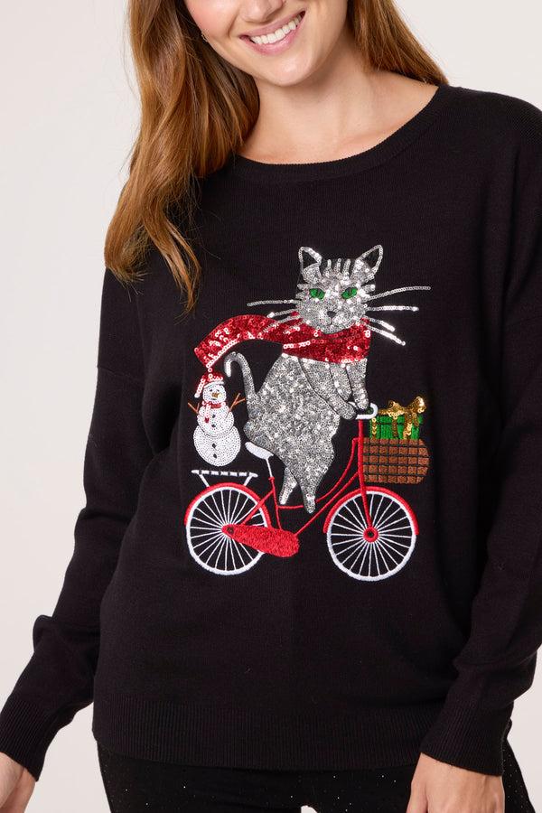 Qed London Cat On A Bike Sequin Festive Jumper