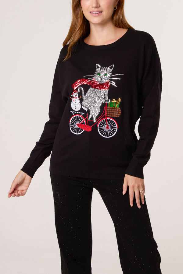 qed london Cat On A Bike Sequin Festive Jumper