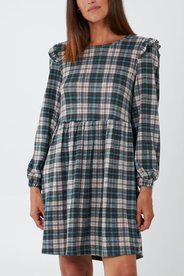 qed london Check Frill Shoulder Smock Dress