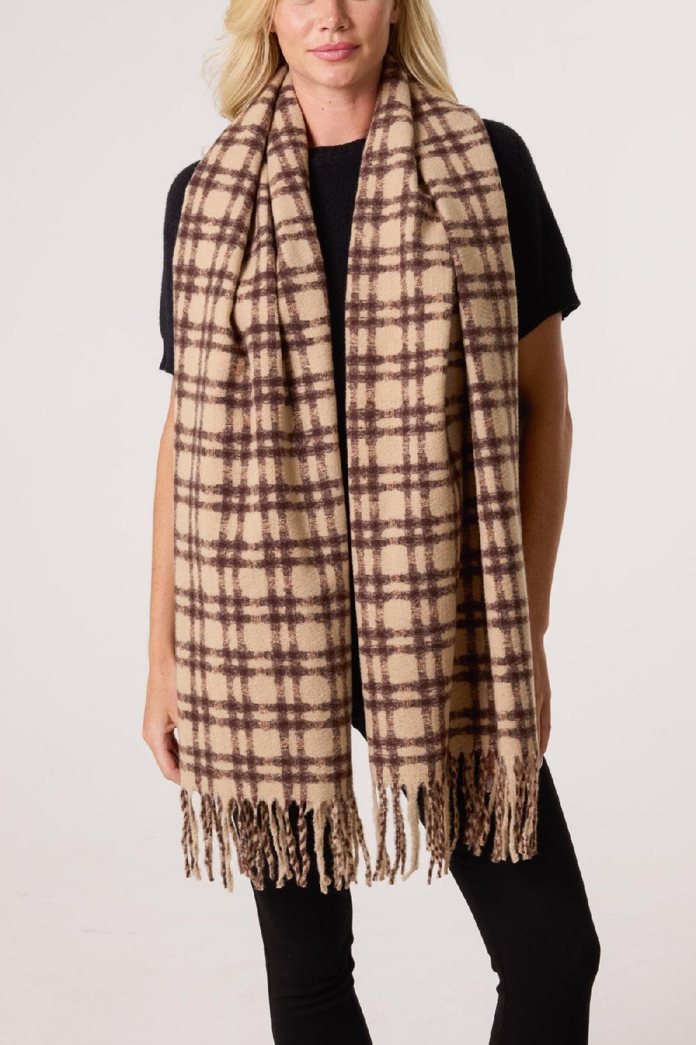 Qed London Check Soft Knit Tassel Scarf