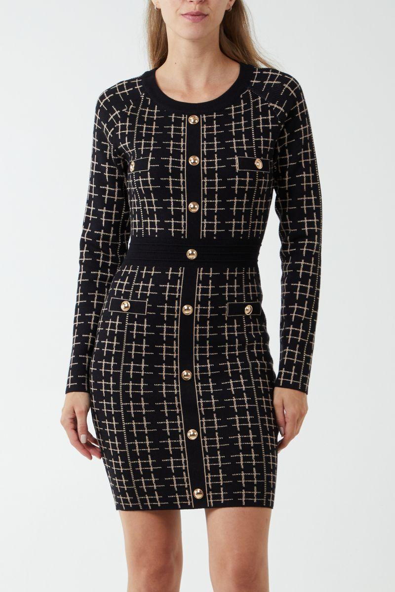 Qed London Checked Gold Button Knit Dress