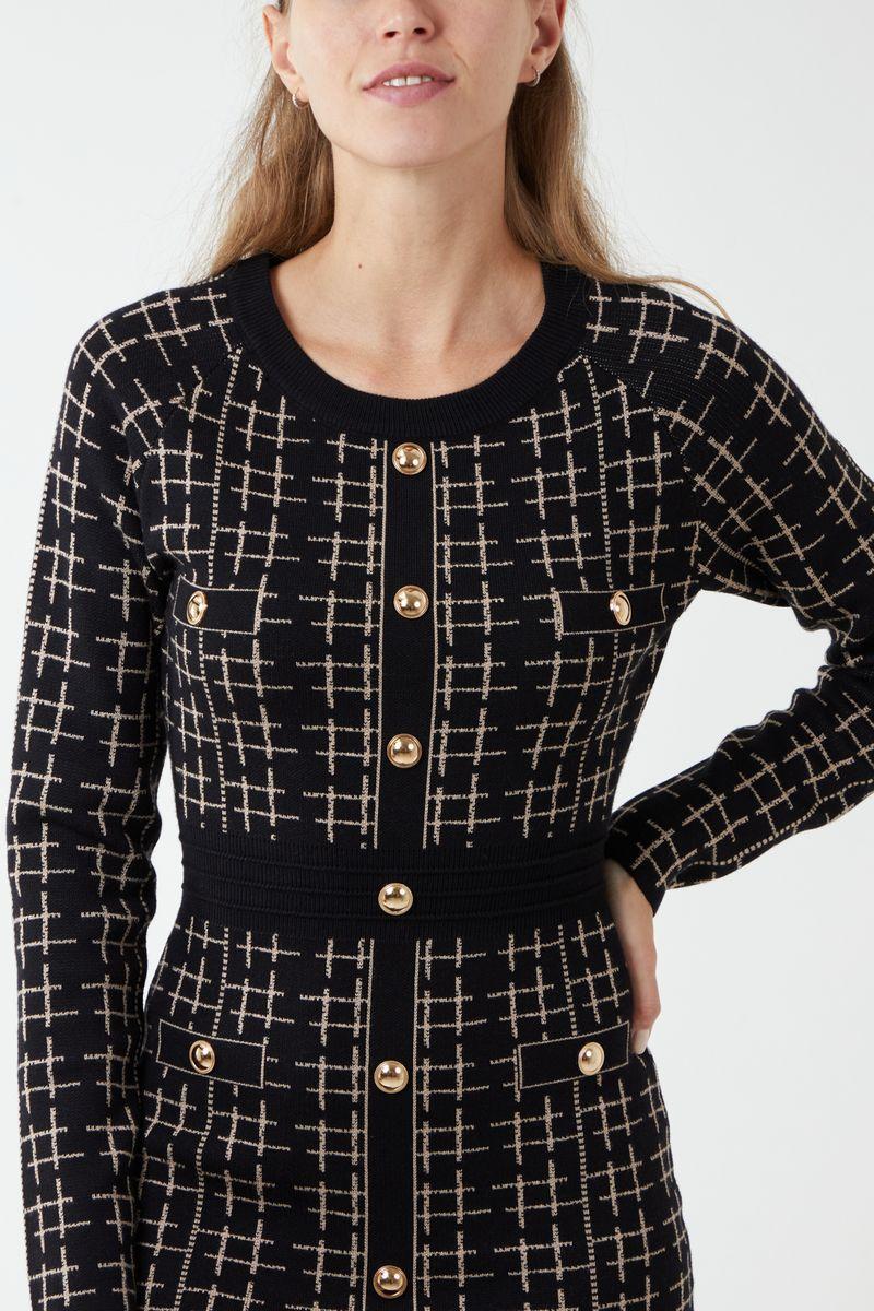 Qed London Checked Gold Button Knit Dress
