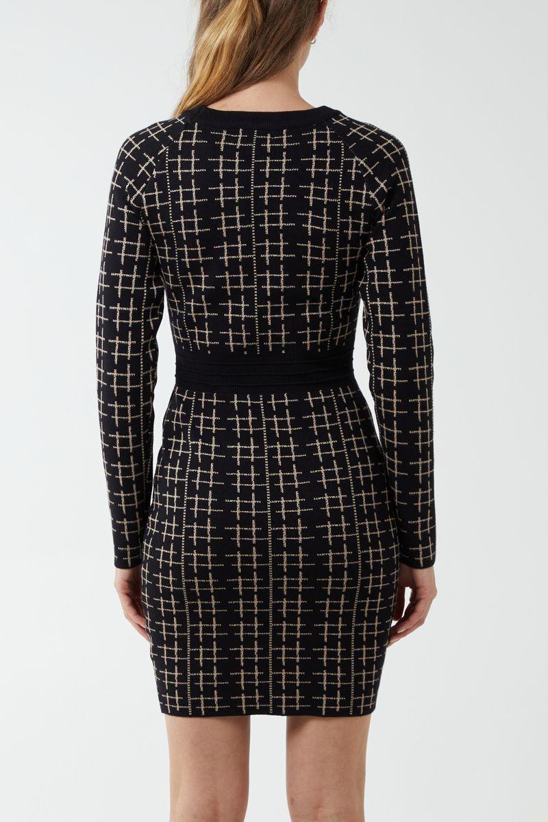Qed London Checked Gold Button Knit Dress