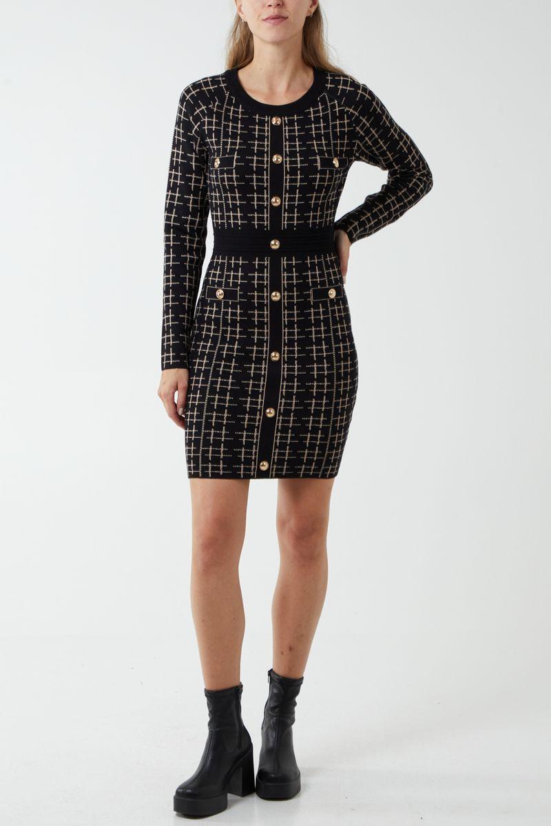 qed london Checked Gold Button Knit Dress