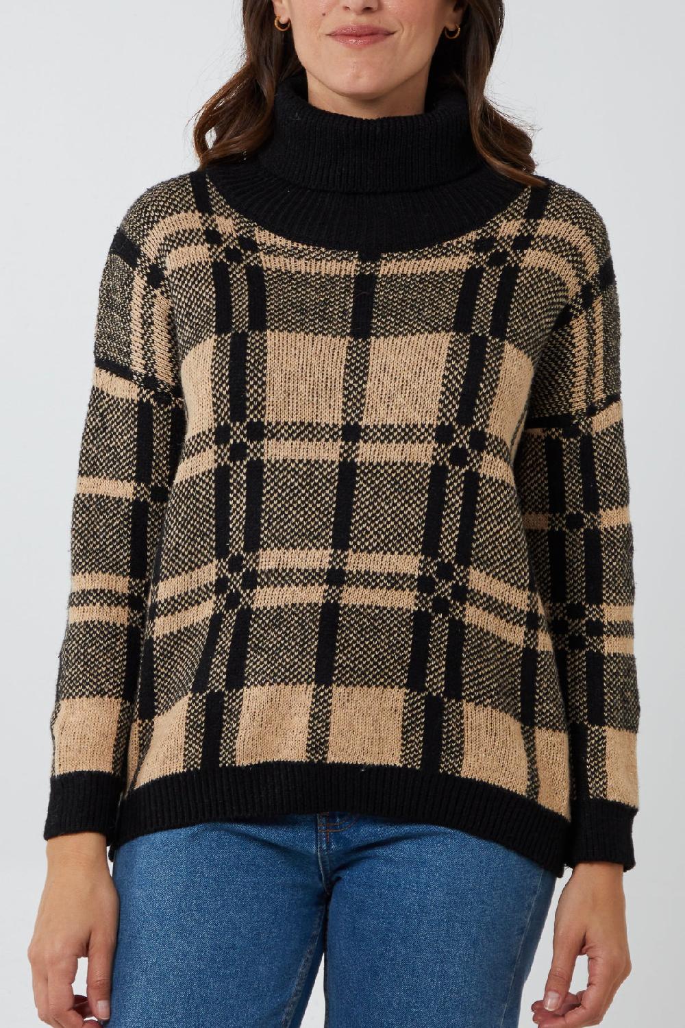 Qed London Checked Roll Neck Jumper