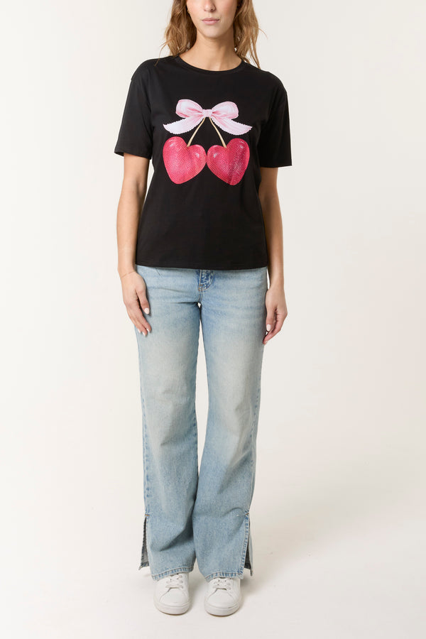 Qed London Cherry Heart & Bow T-Shirt