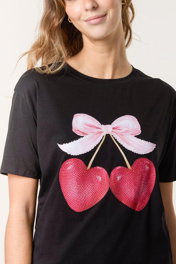 Qed London Cherry Heart & Bow T-Shirt