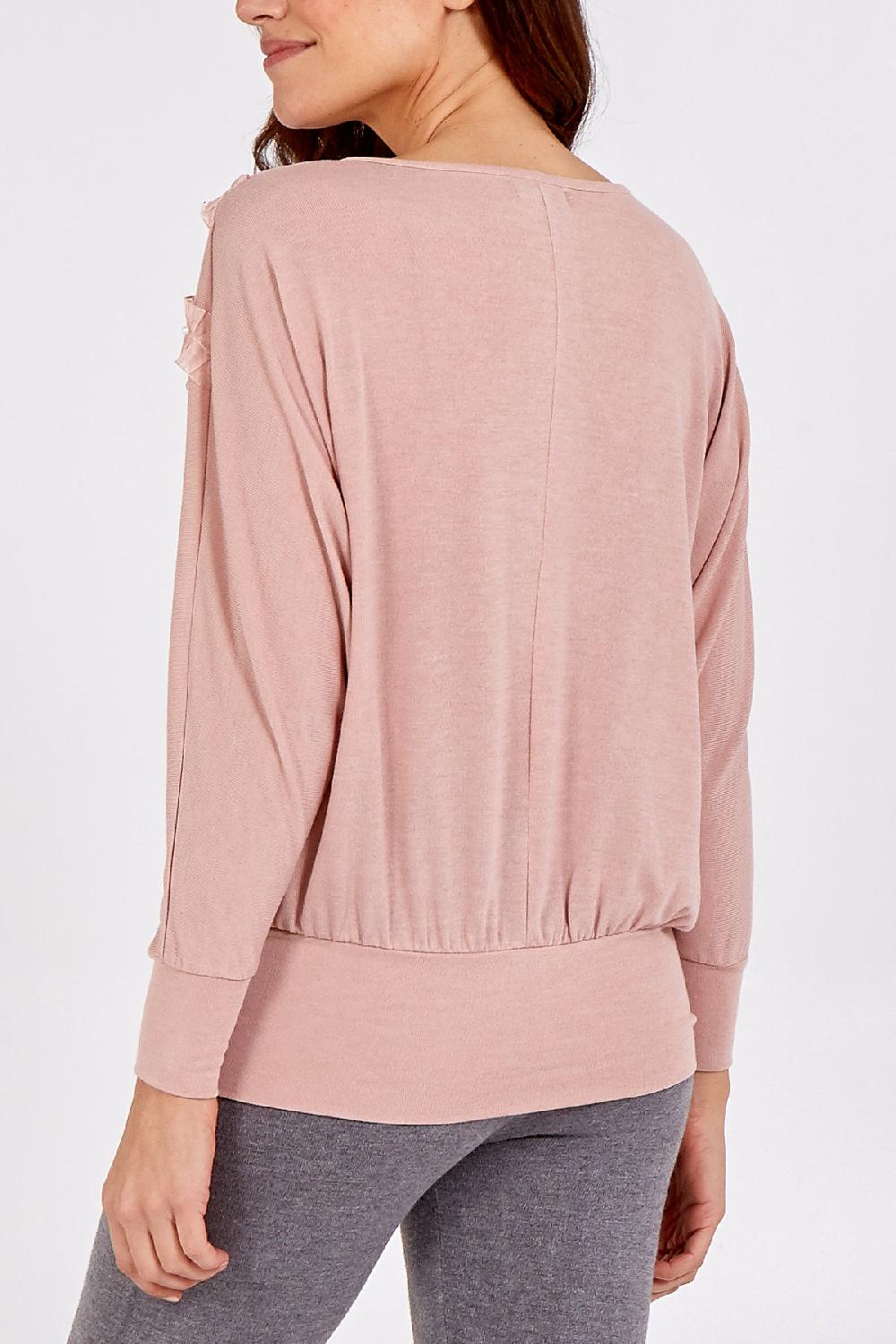 Qed London Chevron Ruffle Pearl Batwing Top