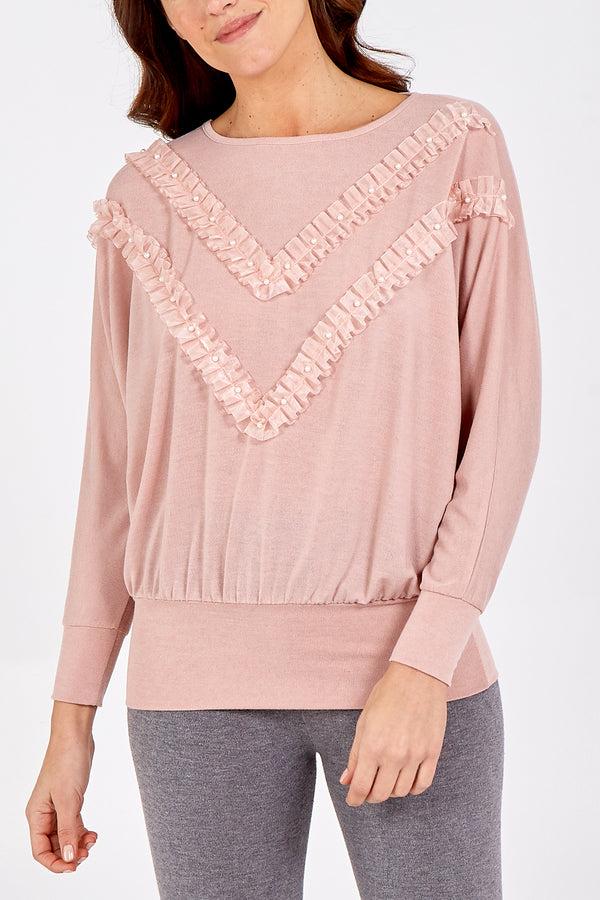 Qed London Chevron Ruffle Pearl Batwing Top
