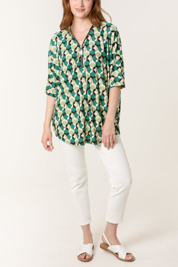 Qed London Circular Print Zip Front Top