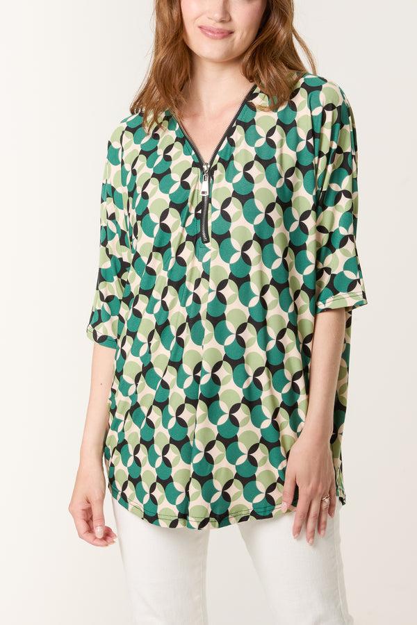 Qed London Circular Print Zip Front Top