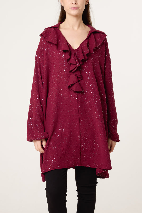 Qed London Collar Ruffle Metallic Glitter Blouse