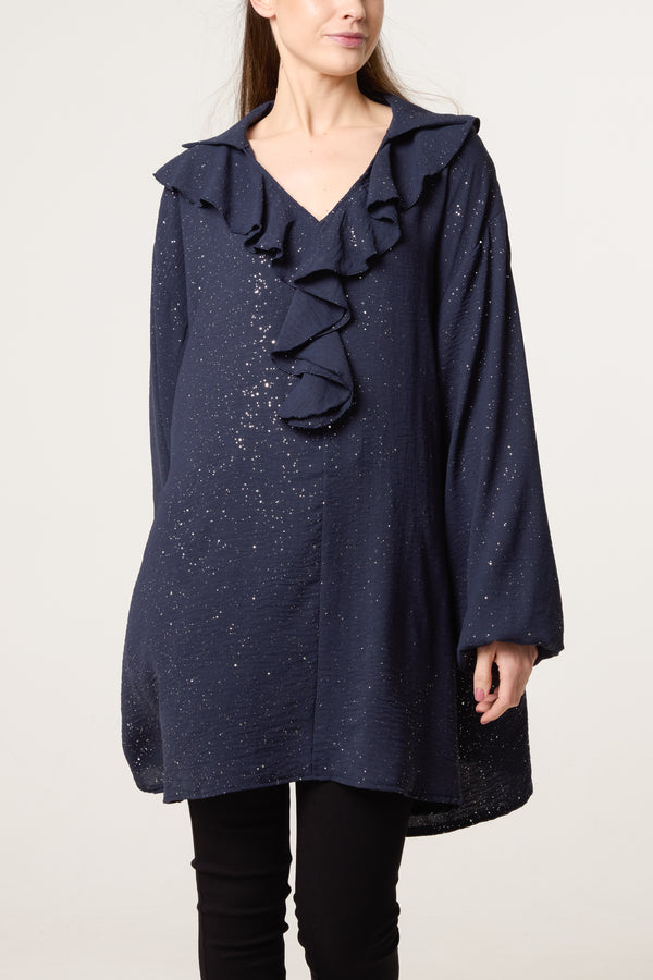 qed london Collar Ruffle Metallic Glitter Blouse