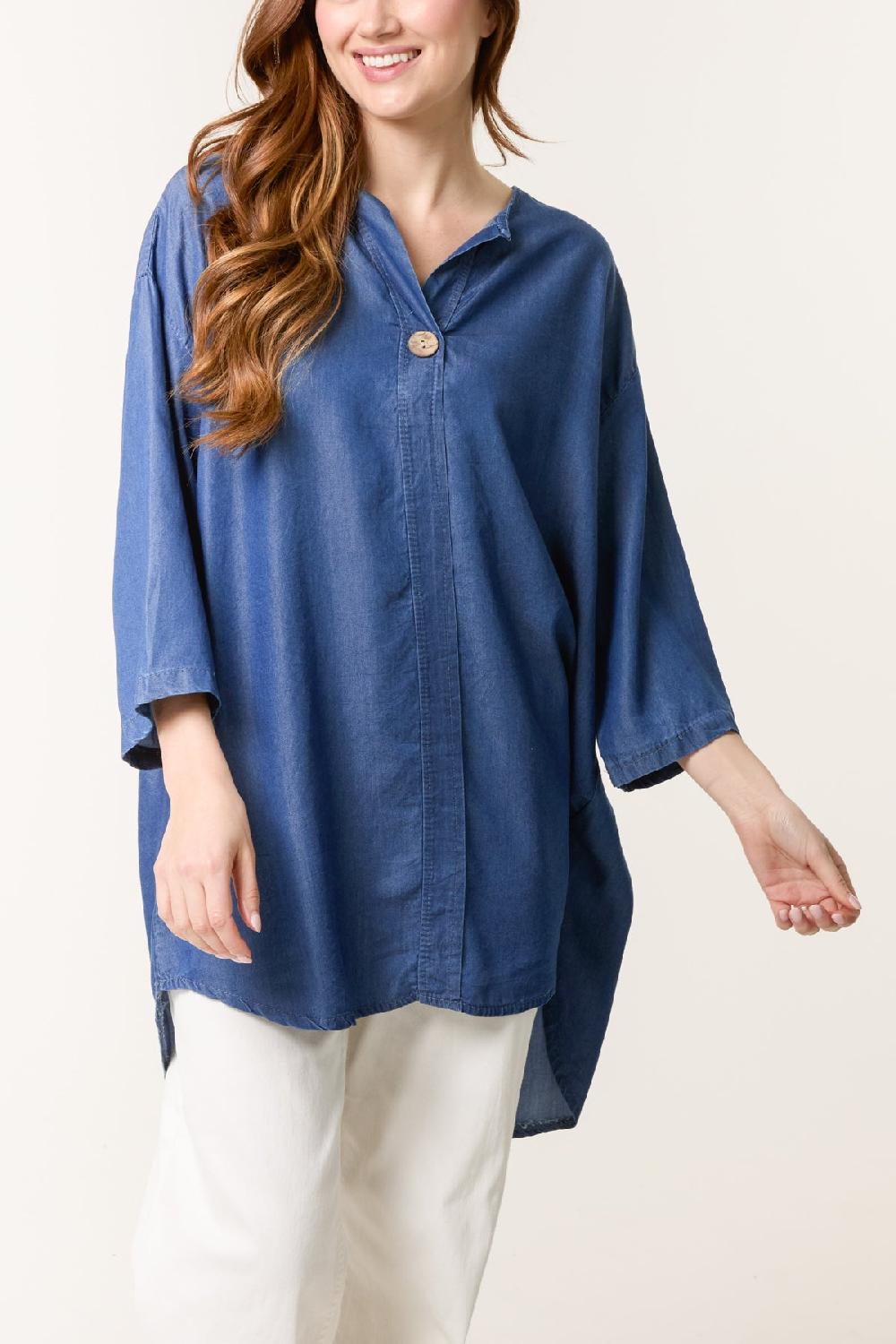 Qed London Collarless Button Front Denim Blouse