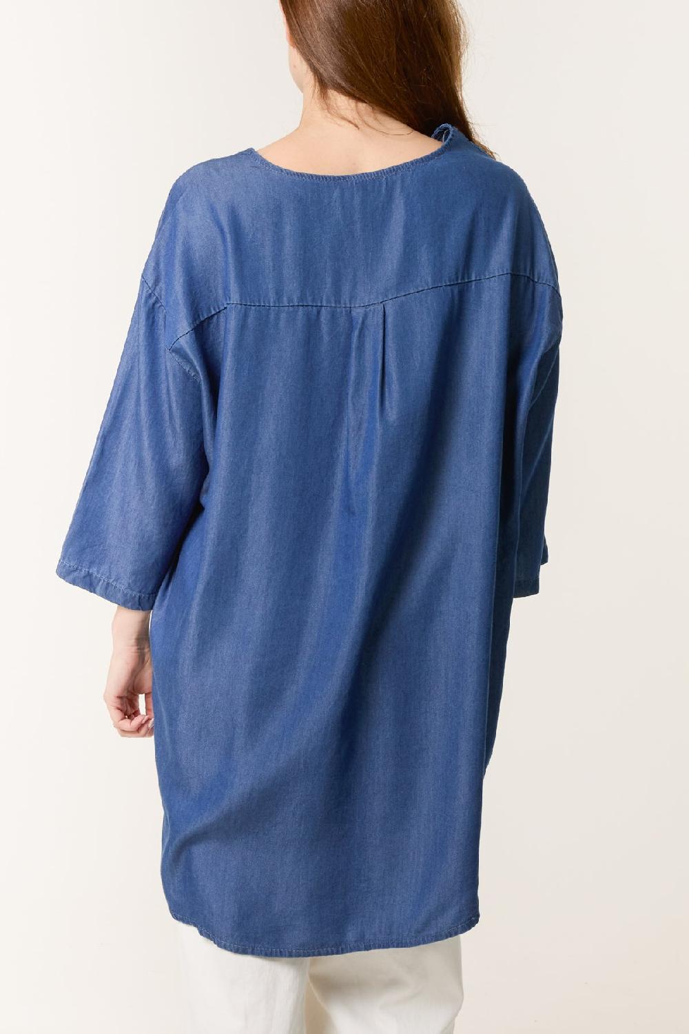 Qed London Collarless Button Front Denim Blouse