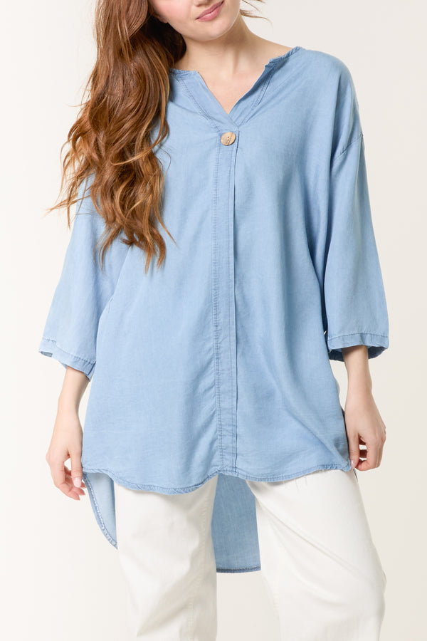 Qed London Collarless Button Front Denim Blouse