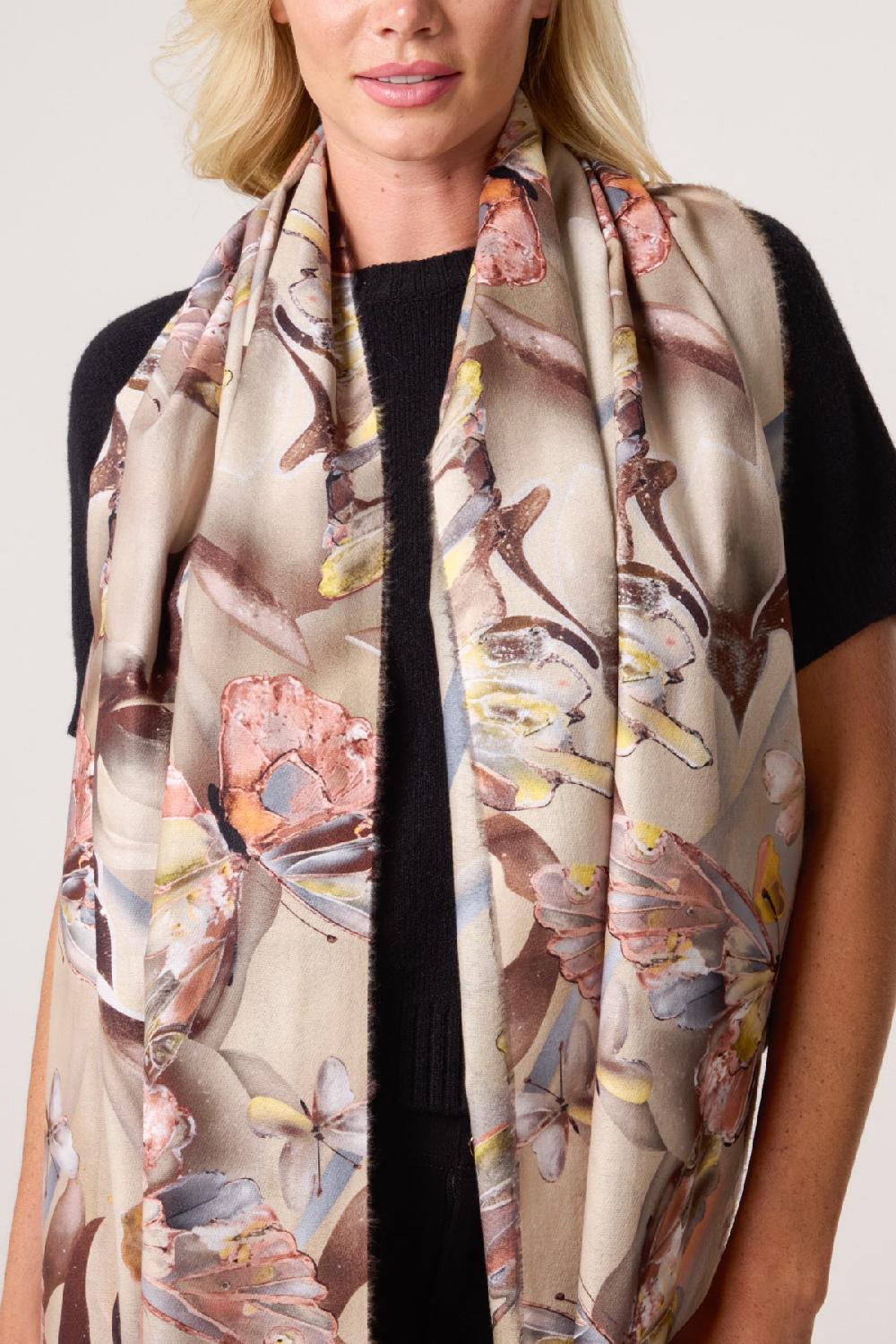 Qed London Colourful Butterfly Print Tassel Scarf