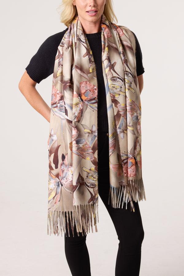 qed london Colourful Butterfly Print Tassel Scarf